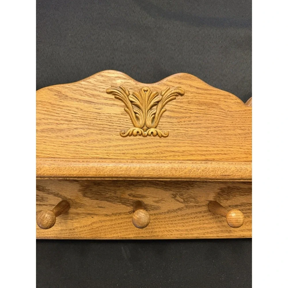 Vintage Solid Oak Hanging Wall Shelf Carved Floral Scroll Appliqué 20